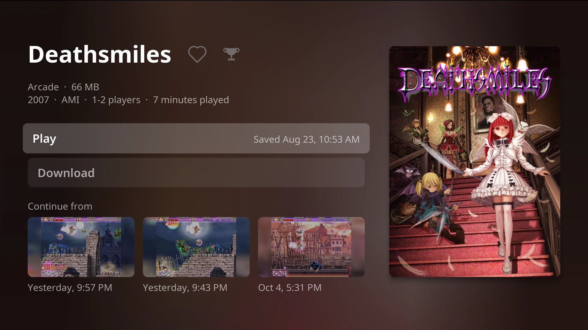 Deathsmiles' game page: 7 minutes played, a heart for favourites, a trophy for achievements, and three save states to continue from
