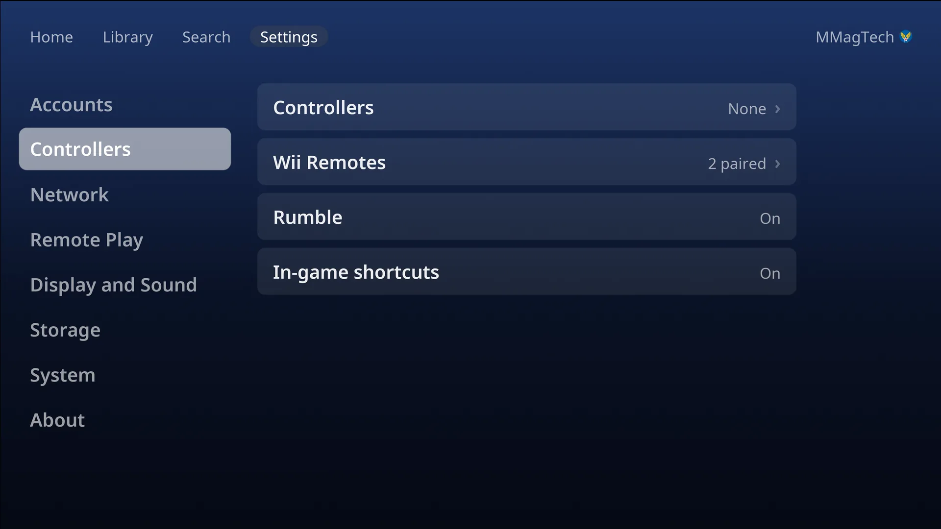 Controllers in Settings, with two Wii Remotes paired