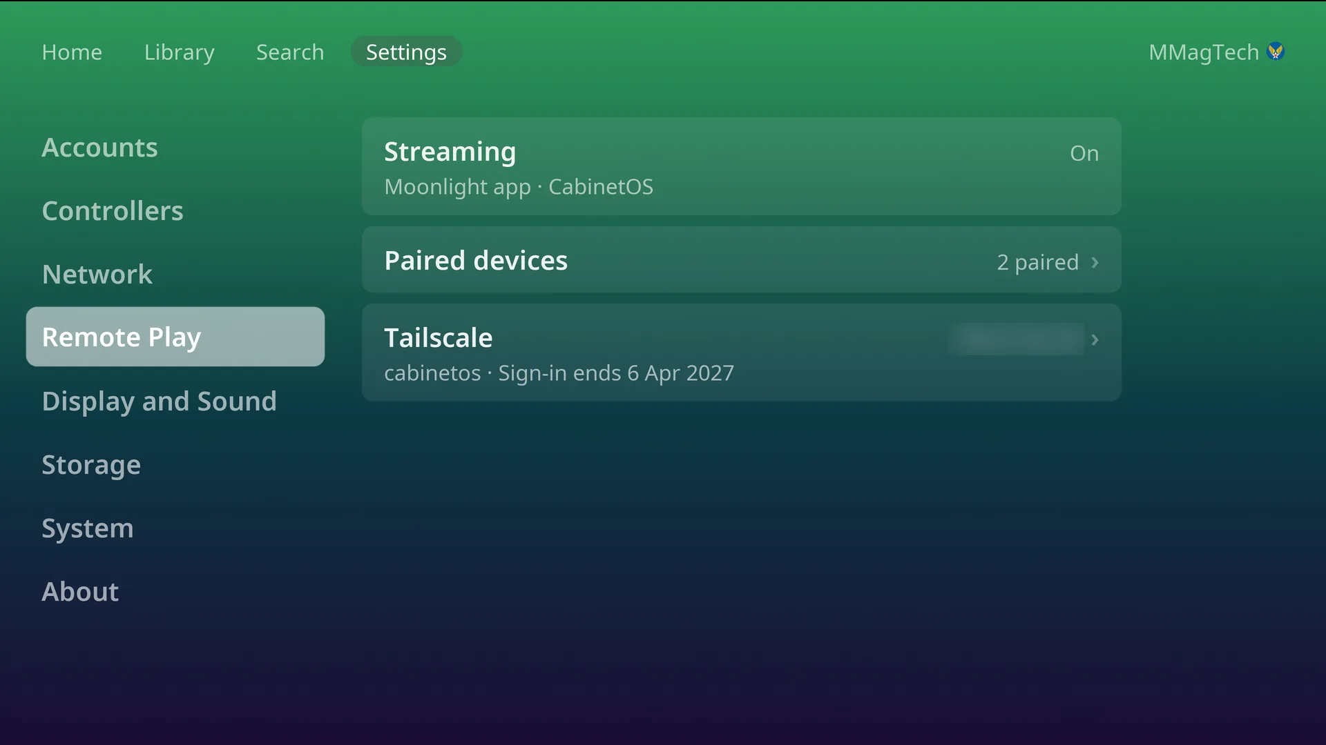 Remote Play in Settings: Streaming on, two paired devices, and Tailscale signed in