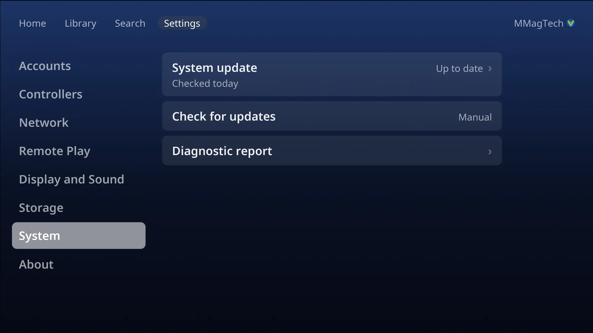 System in Settings: System update up to date, checked today; Check for updates; Diagnostic report